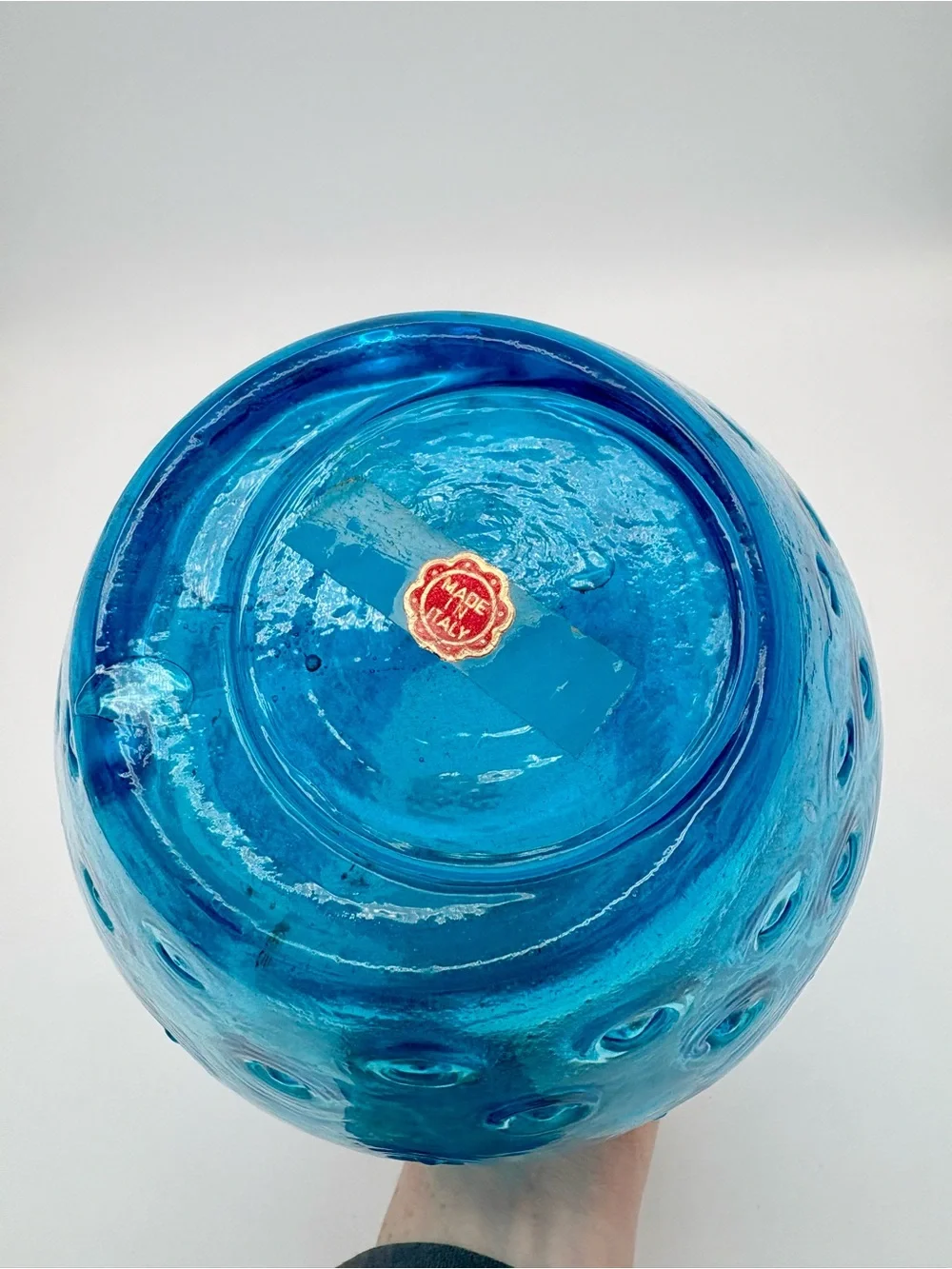 VINTAGE Mid Century Empoli Blue Hobnail Bulbous Glass Vase Italy Rounded Rare